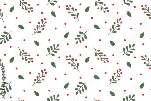 Seamless botanical pattern of ecological plants and berries on white background. Sustainability concept. Nature wrapping paper.