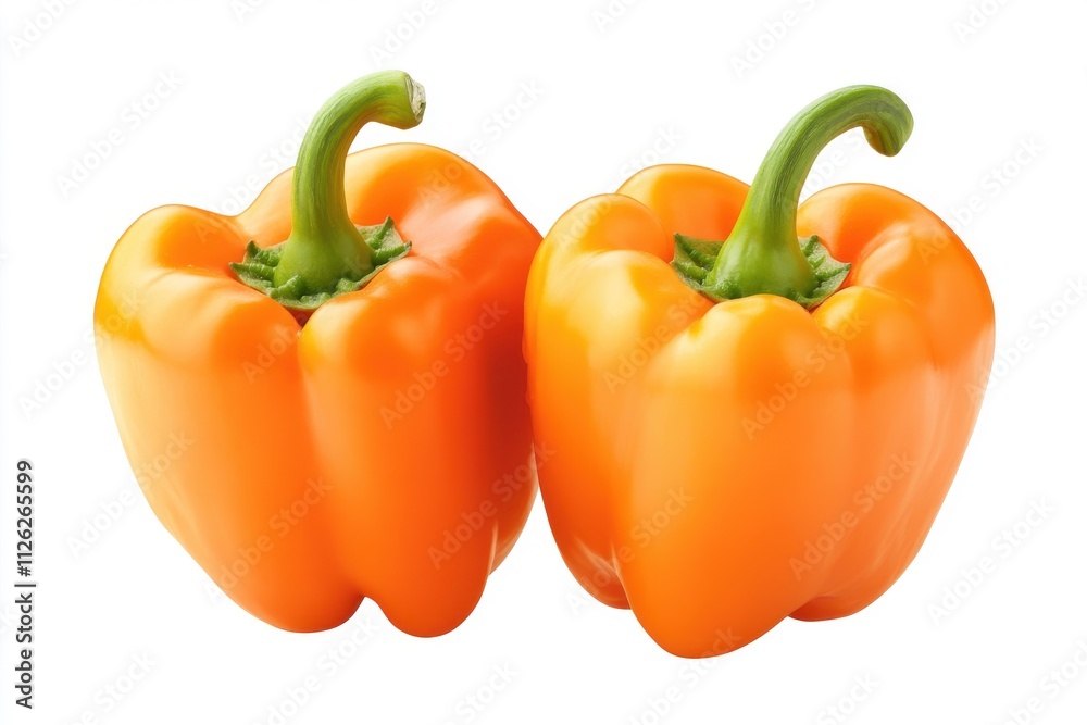 Two bright orange habanero peppers with smooth shiny skins and green stems Two bright orange habanero peppers with smooth shiny skins and green stems