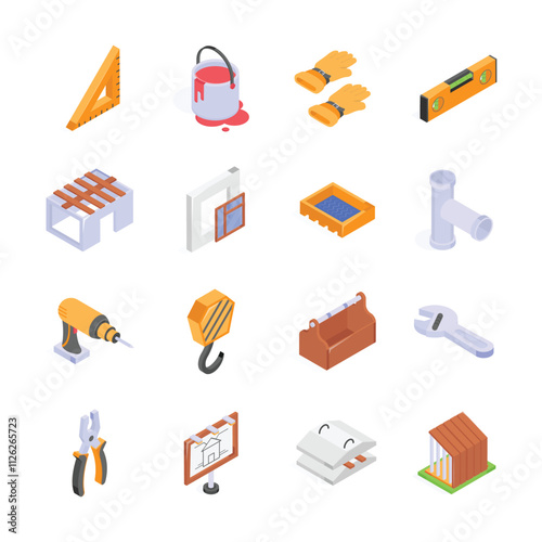 A set of vibrant isometric icons depicting various construction tools and materials