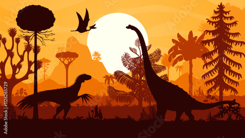 Giant prehistoric dinosaurs silhouettes vector background with trees, mountains and setting sun. Titanosauria, quetzalcoatlus and therizinosaurus dinosaur animal silhouettes in jungle forest at sunset