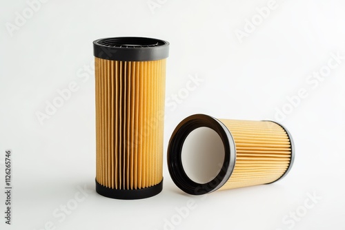 Two cylindrical air filters with pleated golden paper and black plastic caps photo