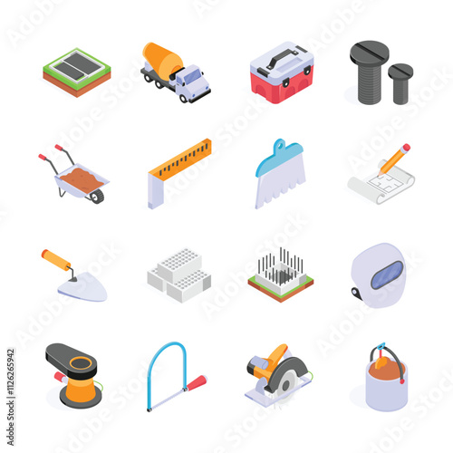 This image showcases a collection of colorful, isometric illustrations of various construction tools and materials