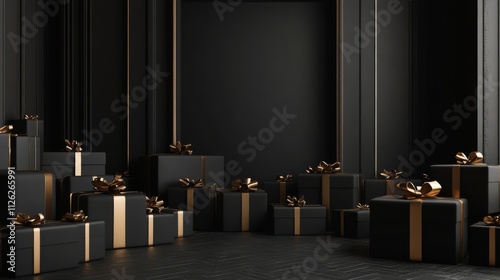 Black Friday Luxury: A captivating arrangement of black and gold gift boxes, meticulously placed against a backdrop of sleek, black panels, evokes a sense of opulence and anticipation. photo