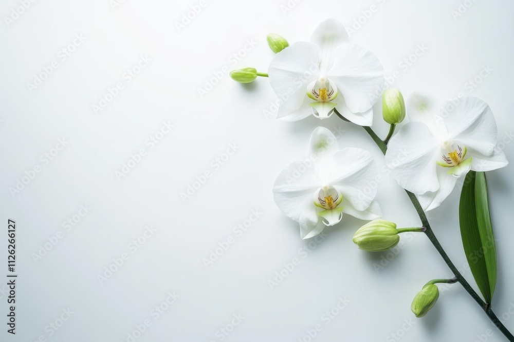 Vanilla beans and blooming white orchids with delicate petals Vanilla beans and blooming white orchids with delicate petals