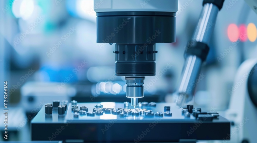 A closeup of an AIpowered quality control system performing thorough inspections and identifying defects in manufactured products. A closeup of an AIpowered quality control system performing thorough inspections and identifying defects in manufactured products.