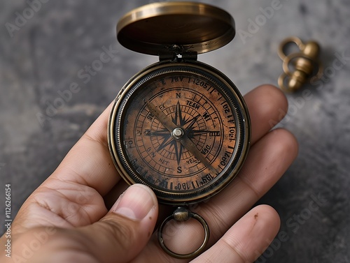 A hand holds a small, antique brass compass. The compass face is beige with black markings.