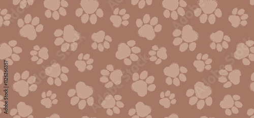 Paw print seamless pattern mocha mousse colors, cat, dog foot, animal step background. Bear, panda, tiger stamp. Cartoon grunge texture. Trendy colour 2025 year. Vector illustration