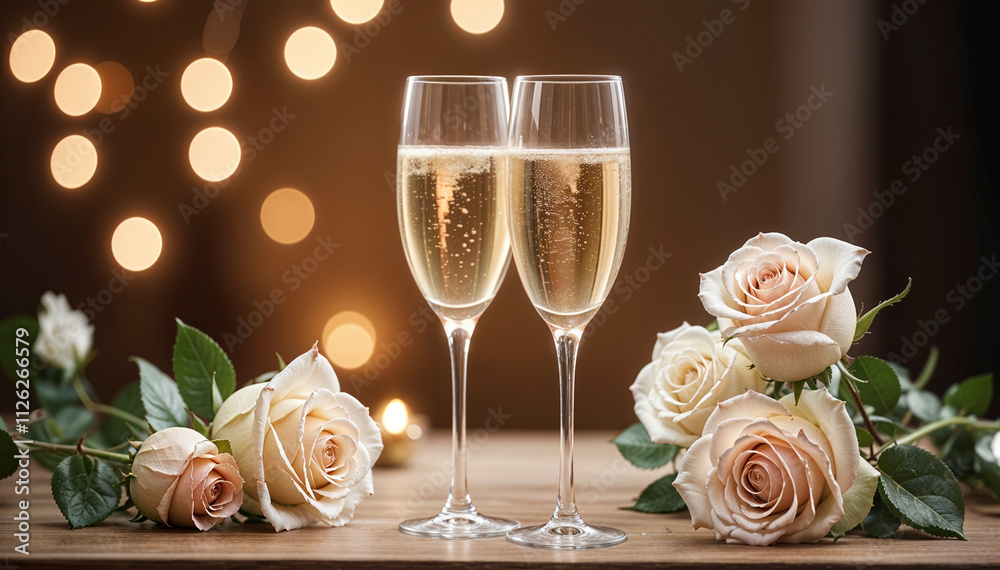 two glasses of champagne and white roses romantic background two glasses of champagne and white roses romantic background