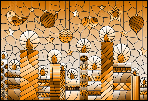 An illustration in the style of a stained glass window on the theme of New year and Christmas with bright curly candles and Christmas tree toys, tone brown