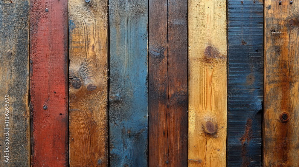 Colorful weathered wooden planks with rustic textures Colorful weathered wooden planks with rustic textures