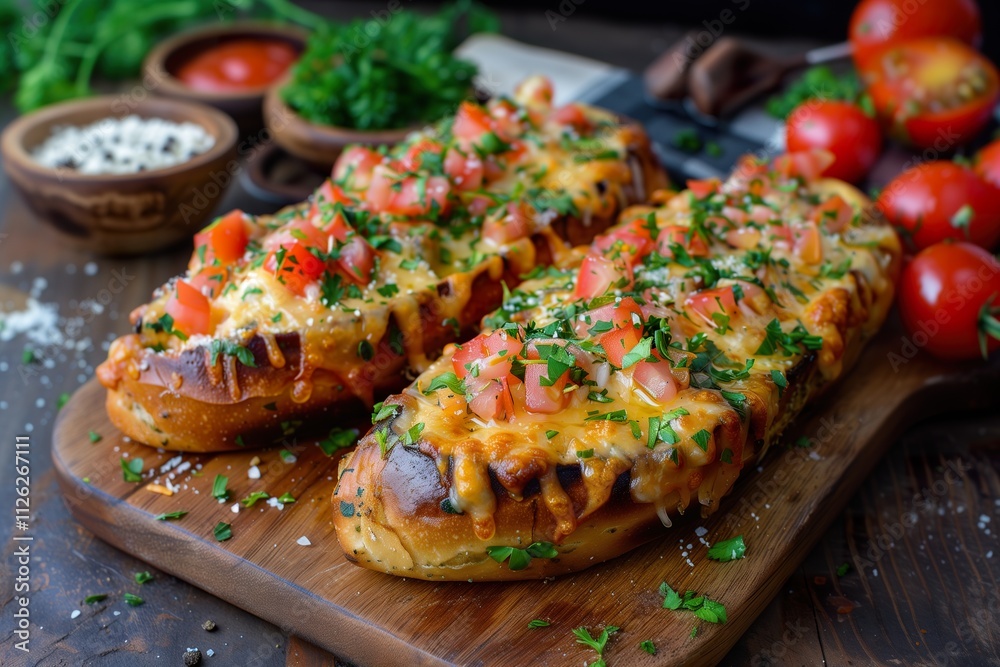 Two toasted breads topped with melted cheese, diced tomatoes, fresh basil, and seasonings. Molletes. Two toasted breads topped with melted cheese, diced tomatoes, fresh basil, and seasonings. Molletes.