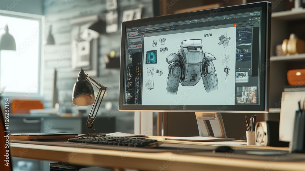 Naklejka premium Digital Design Workstation: A sleek, modern workspace featuring a computer monitor displaying a 3D design project, showcasing the power and precision of digital design tools.