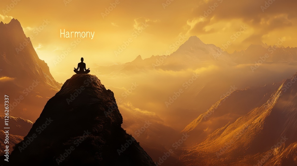 Harmony in the Himalayas: A silhouette of a person meditating atop a mountain peak at sunset, surrounded by majestic Himalayan peaks.  The scene evokes serenity, peace, and inner balance. 