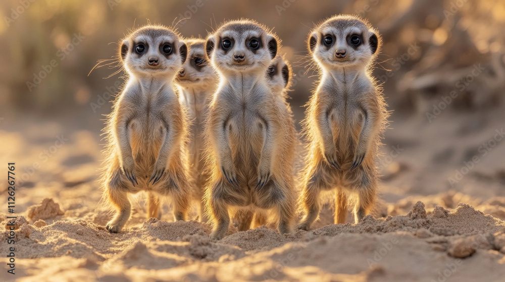 Fototapeta premium A group of meerkats standing upright, alert in the open desert, framed by golden sands