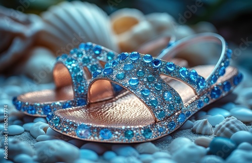 Sandals with sparkling faux gems that catch the light perfectly, set against a tranquil sandy beach. Their luxurious design enhances the beauty of an elegant coastal atmosphere. photo