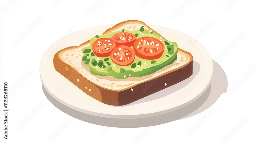 a slice of whole-grain bread topped with mashed avocado, cherry tomatoes, and a sprinkle of sesame seeds, served on a minimalist plate. 