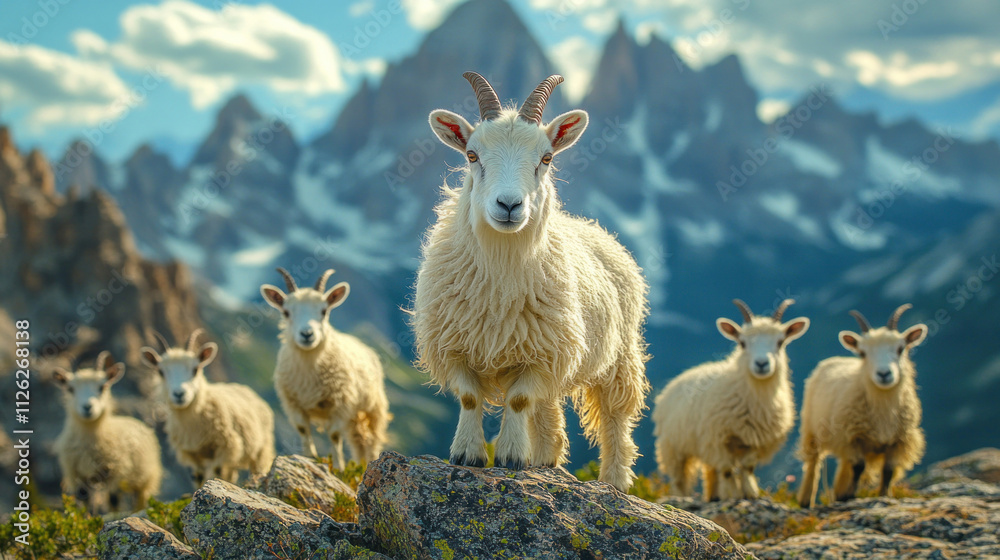 Fototapeta premium A group of mountain goats scaling a rocky cliff, framed by a backdrop of towering peaks