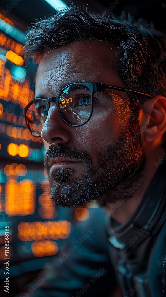 Man Observes Digital Data Flow, Night Man Observes Digital Data Flow, Night