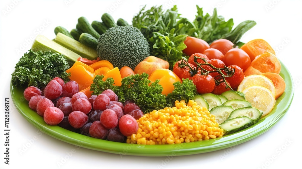 a vibrant plate filled with fresh vegetables, fruits, whole grains, and lean proteins, arranged beautifully in bright colors. a vibrant plate filled with fresh vegetables, fruits, whole grains, and lean proteins, arranged beautifully in bright colors.