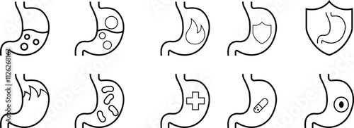 Heartburn black glyph icon set. Stomach ache. Food poisoning. Gastrointestinal problem. Inflammation in organ. Silhouette symbol space. Gastritis and acid reflux indigestion and stomach pain problems.
