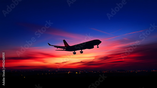 Commercial airplane soaring through a vibrant morning sky with the golden hues of sunrise creating a breathtaking backdrop.