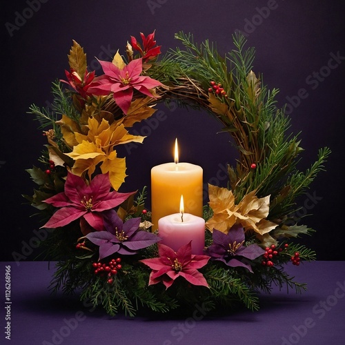 The image is a digital illustration showing a festive wreath with a warm, glowing atmosphere. photo