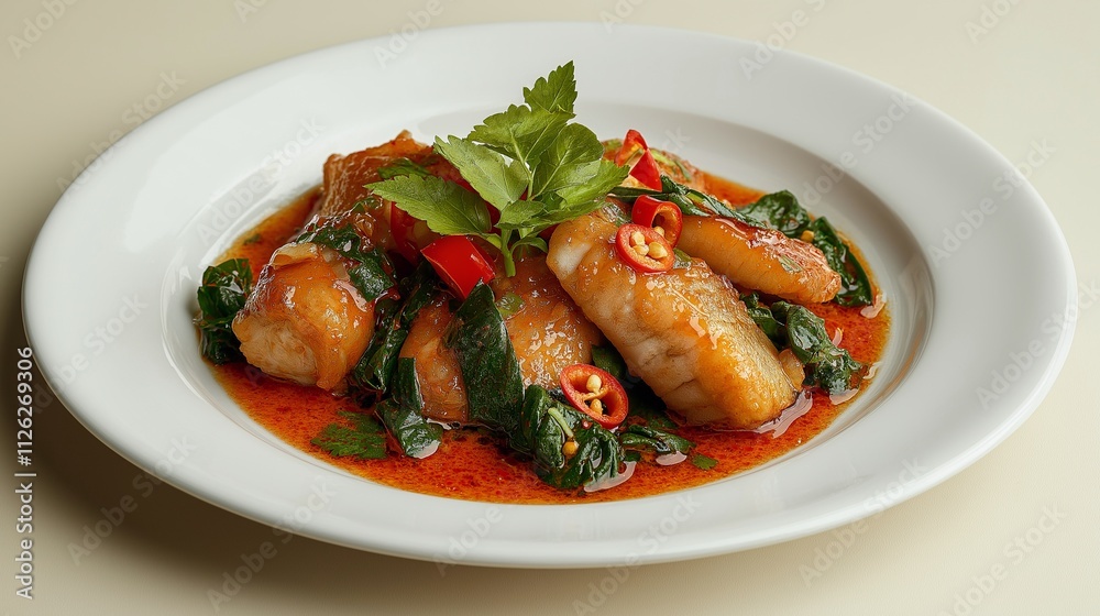 A beautifully presented dish featuring fish fillets cooked in a vibrant sauce, complemented by fresh herbs and red chili peppers.