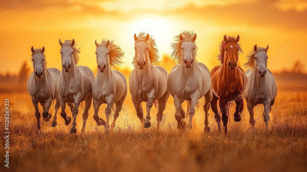 A herd of wild horses galloping across a wide open plain under dramatic skies A herd of wild horses galloping across a wide open plain under dramatic skies