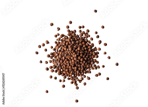 Close up of brown peppercorns, spice, food photography.