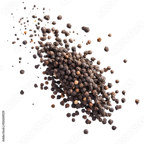 Black peppercorns in motion, culinary spice.