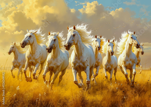 A group of white horses running in a field of tall grass