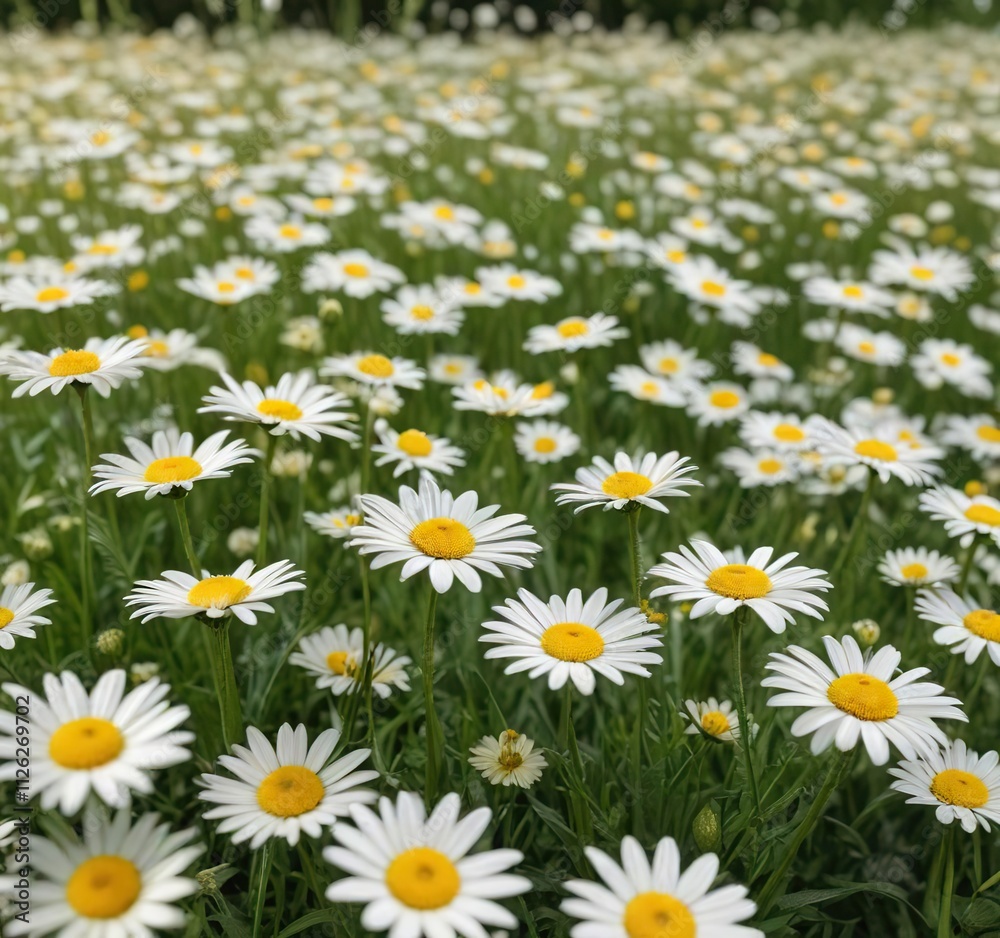 Dreamy meadow of yellow and white daisy flowers in springtime, scene, outdoor, floral, garden, flowers Dreamy meadow of yellow and white daisy flowers in springtime, scene, outdoor, floral, garden, flowers