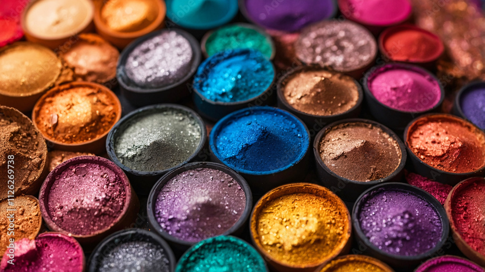A vibrant collection of different colored powders in round containers, showcasing a spectrum of hues in close-up view. A vibrant collection of different colored powders in round containers, showcasing a spectrum of hues in close-up view.