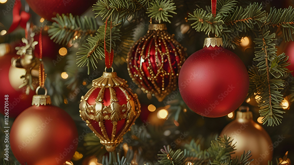 A close-up of shiny red and gold ornaments hanging on a Christmas tree A close-up of shiny red and gold ornaments hanging on a Christmas tree