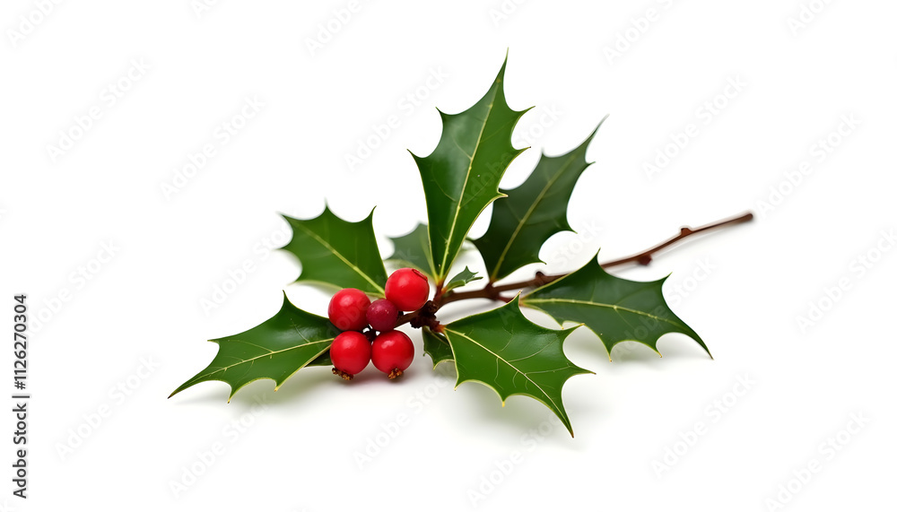 Obraz premium Festive Holly Sprig with Bright Red Berries Isolated