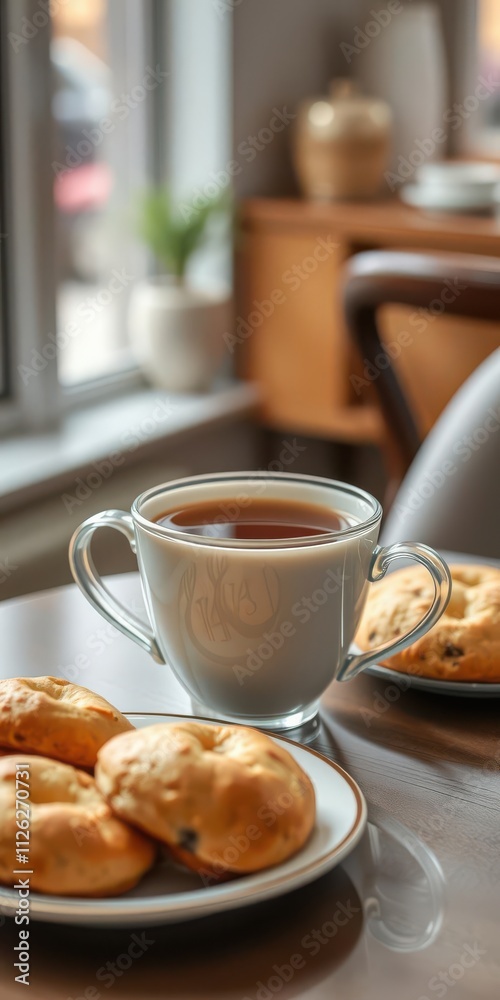 A cup of breakfast tea served in a cozy cafe setting with a plate of biscuits on the side, calm A cup of breakfast tea served in a cozy cafe setting with a plate of biscuits on the side, calm