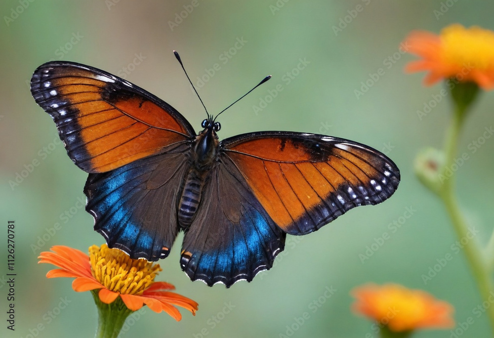Fototapeta premium Monarch butterfly, vibrant orange wings, black veins, white spots, yellow flowers, green leaves, soft focus background, macro photography, detailed wings, nature close-up, delicate insect, pollinator,