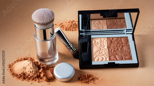 Elegant cosmetic arrangement featuring a brush, compact with mirror, and scattered powder on a neutral background.