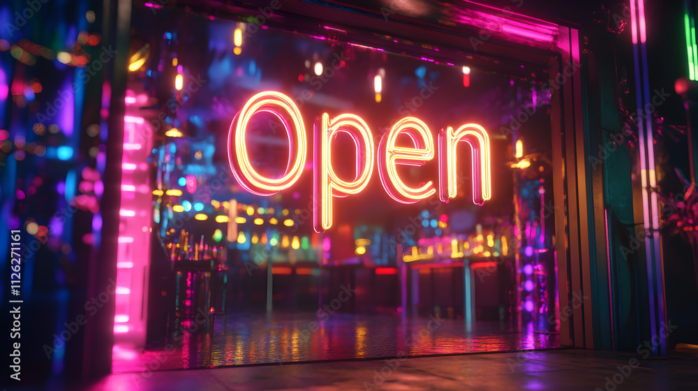 A vibrant 'Open' neon sign at the entrance of a nightclub, with glowing lights and party vibes A vibrant 'Open' neon sign at the entrance of a nightclub, with glowing lights and party vibes