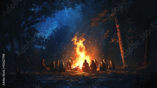 Night campfire scene with people gathered around.