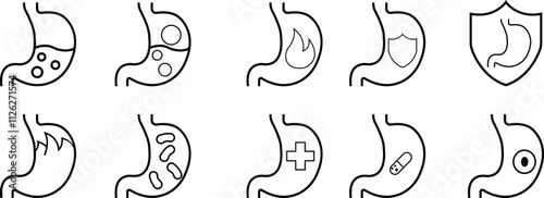 Heartburn black glyph icon set. Stomach ache. Food poisoning. Gastrointestinal problem. Inflammation in organ. Silhouette symbol space. Gastritis and acid reflux indigestion and stomach pain problems.