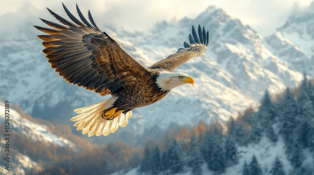 A majestic bald eagle soaring high above a rocky mountain range under a clear sky A majestic bald eagle soaring high above a rocky mountain range under a clear sky