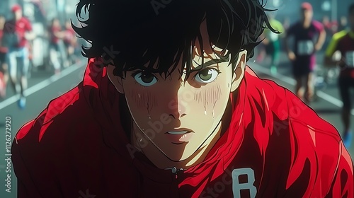 Wallpaper Mural Determined Anime Runner Close-up Portrait of a Sweaty, Focused Young Man in a Red Jacket at a Marathon. Torontodigital.ca