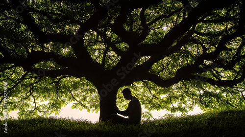 Always loved and remembered. Person using laptop under a large tree in a serene environment. photo