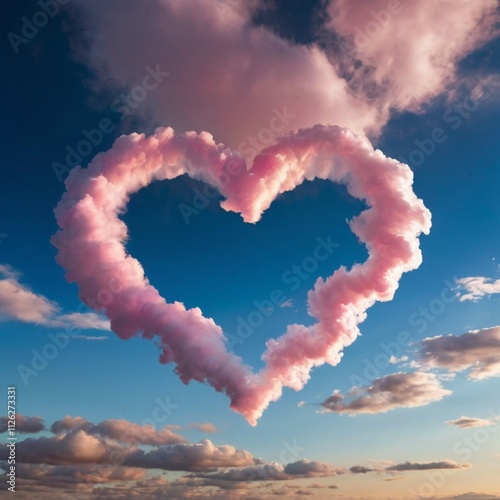 A pink and white cloud formation naturally forming the shape of a heart in a bright blue sky.