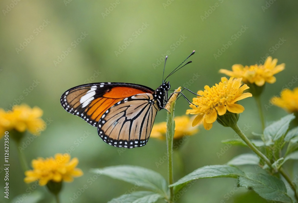 Fototapeta premium Monarch butterfly, vibrant orange wings, black veins, white spots, yellow flowers, green leaves, soft focus background, macro photography, detailed wings, nature close-up, delicate insect, pollinator,