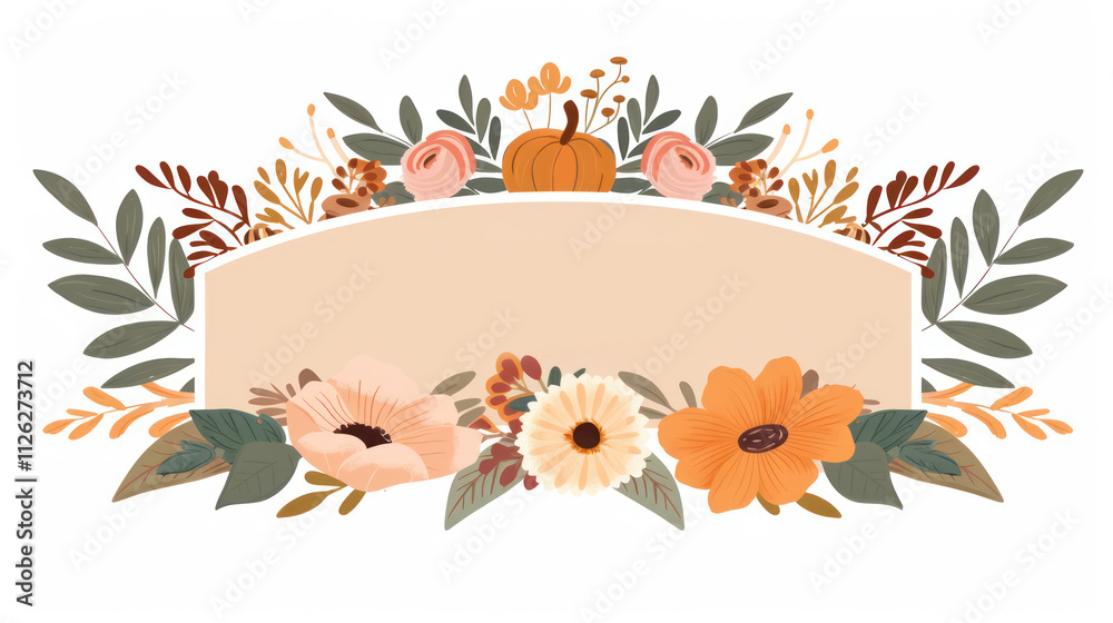 Fototapeta premium Floral Frame with Autumn Elements for Illustrating Seasonal Greetings and Invitations, Featuring Flowers, Leaves, and a Pumpkin Design