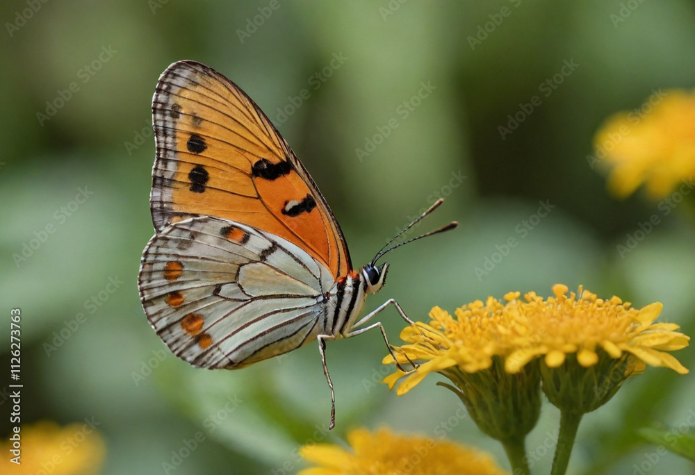 Obraz premium Monarch butterfly, vibrant orange wings, black veins, white spots, yellow flowers, green leaves, soft focus background, macro photography, detailed wings, nature close-up, delicate insect, pollinator,