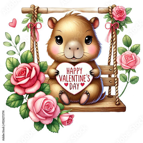 Cute cartoon capybara celebrates Valentine's Day with roses. Animal cartoon character.