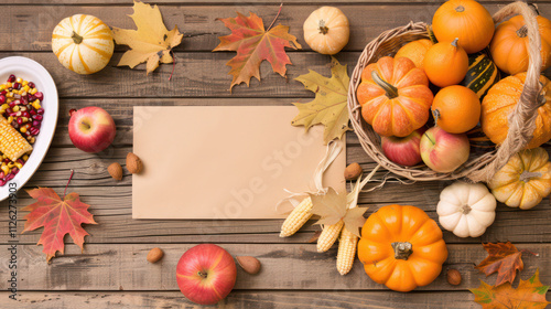 Thanksgiving background and blank space with Pumpkins, Apples, Corn, and Colorful Fall Leaves Arranged on a Rustic Wooden Table Ready for Seasonal Celebrations and Gatherings